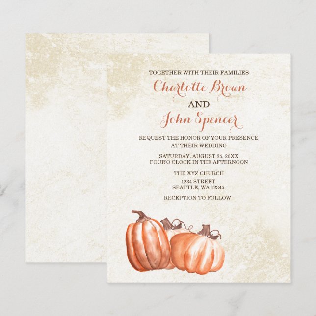 Budget watercolor pumpkins fall wedding invitation (Front/Back)