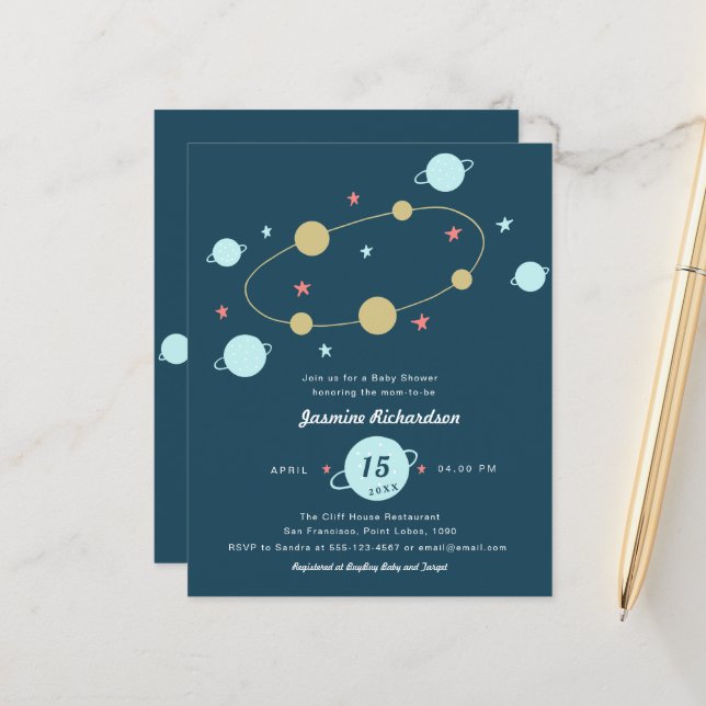 Budget Watercolor Space | Blue Baby Shower Flyer (Front/Back In Situ)