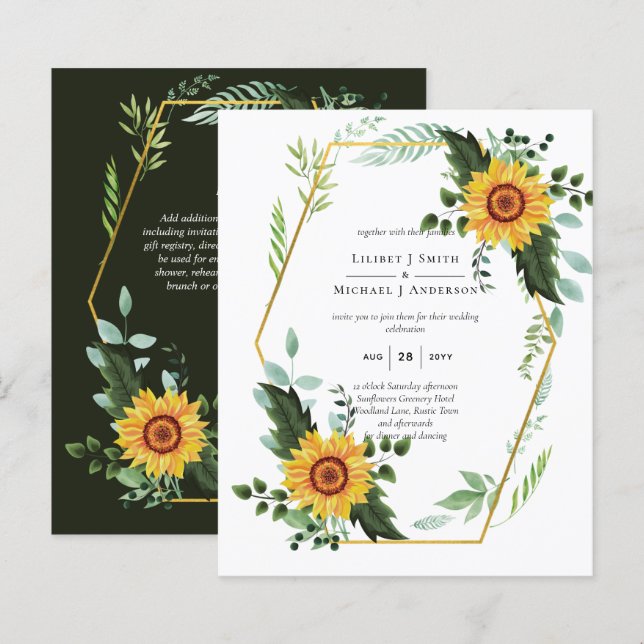 BUDGET Watercolor SUNFLOWERS Greenery Wedding (Front/Back)