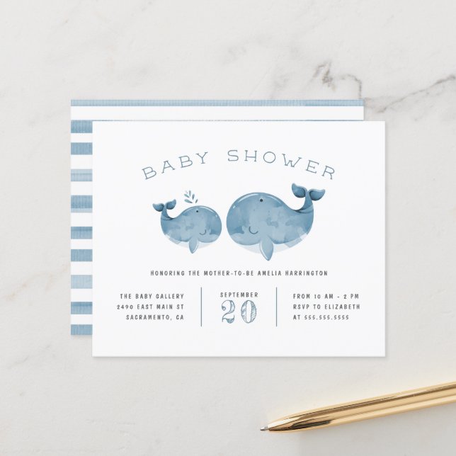 Budget Watercolor Whale Boy's Blue Baby Shower (Front/Back In Situ)