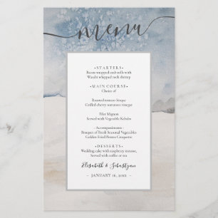 Budget Watercolor Winter Blue Silver Wedding Menu