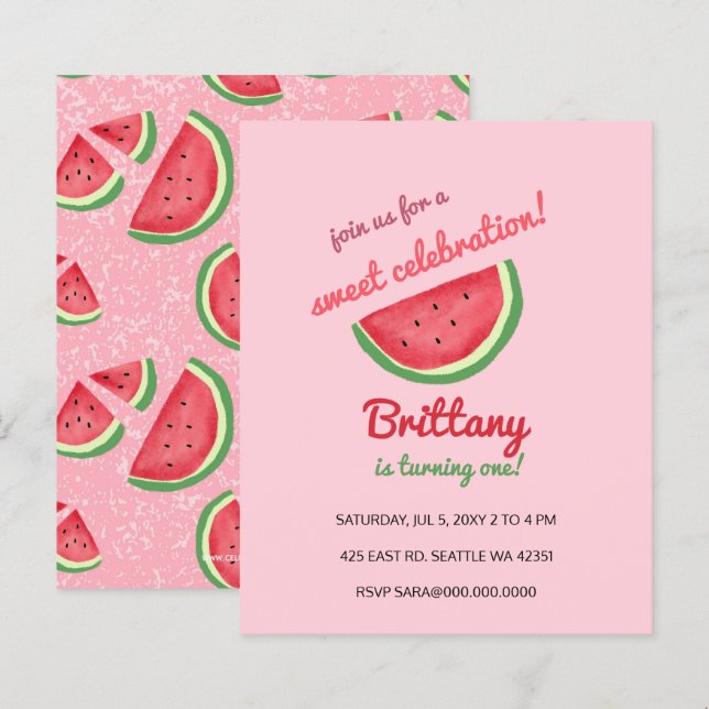 Budget watermelon summer birthday party invitation (Front/Back)