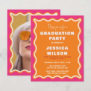 Budget Wavy Pink Orange Photo Graduation Invite