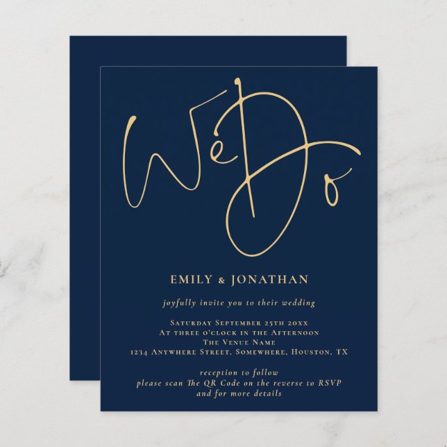 Budget We Do Gold Script Navy QR Wedding Invite (Front/Back)