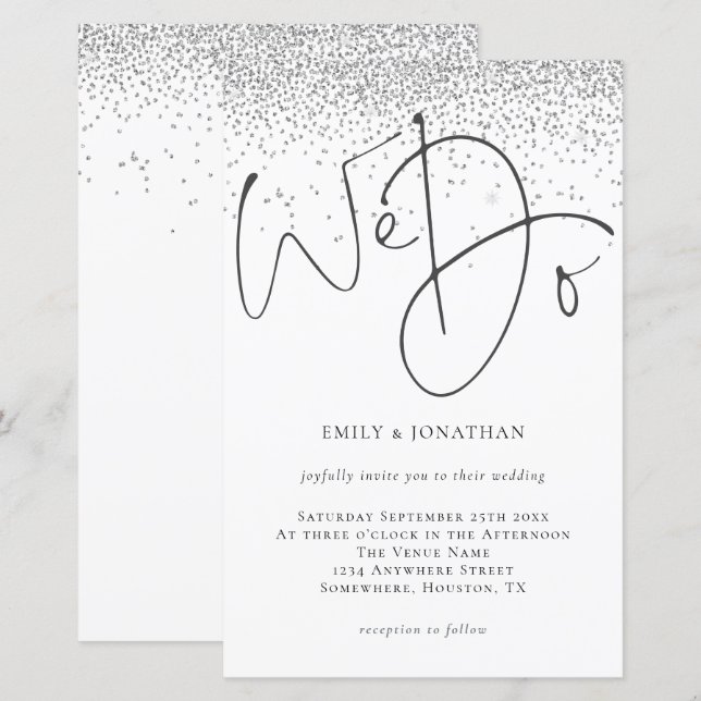Budget We Do Script Silver Glitter Wedding Invite (Front/Back)