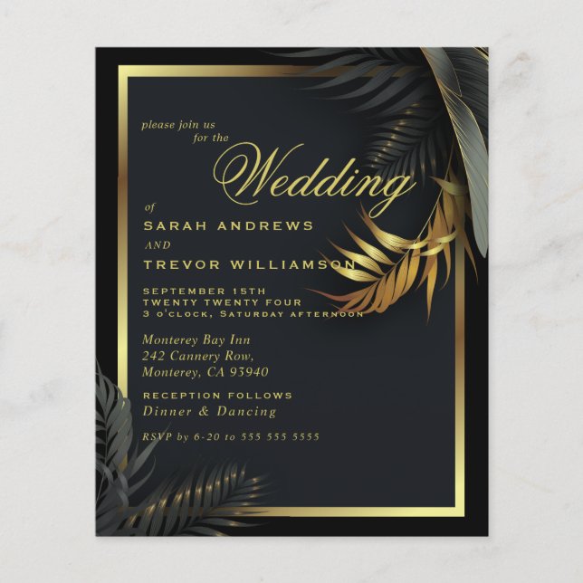 Budget Wedding Black Gold Framed Tropical Leaves (Front)
