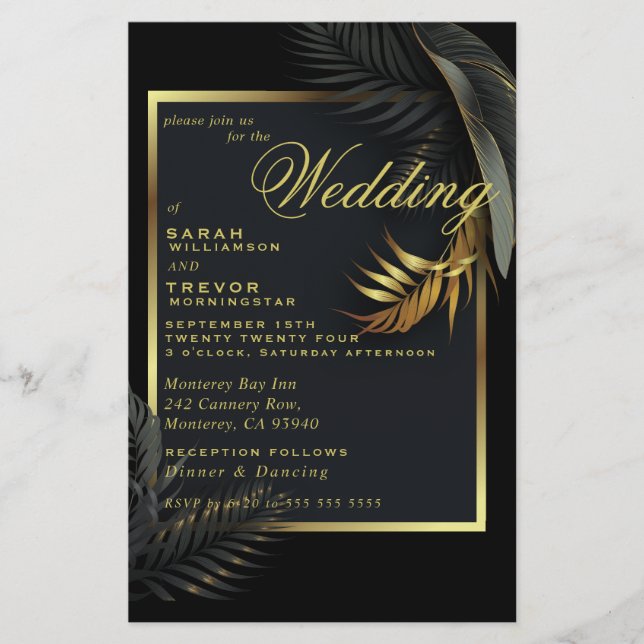 Budget Wedding Black Gold Framed Tropical Leaves (Front)