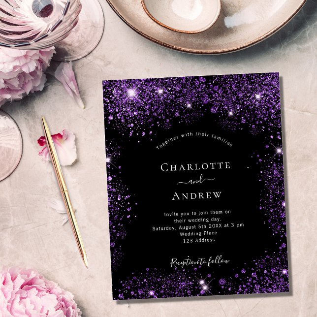 Budget wedding black purple glitter invitation (Creator Uploaded)