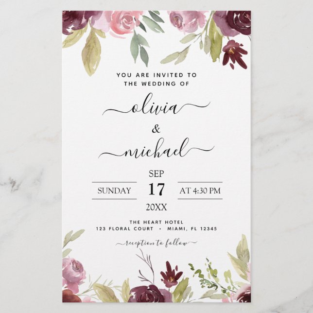 Budget Wedding Burgundy Pink Floral Invitation (Front)