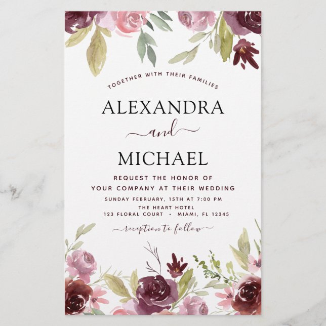 Budget Wedding Burgundy Pink Floral Invitation (Front)
