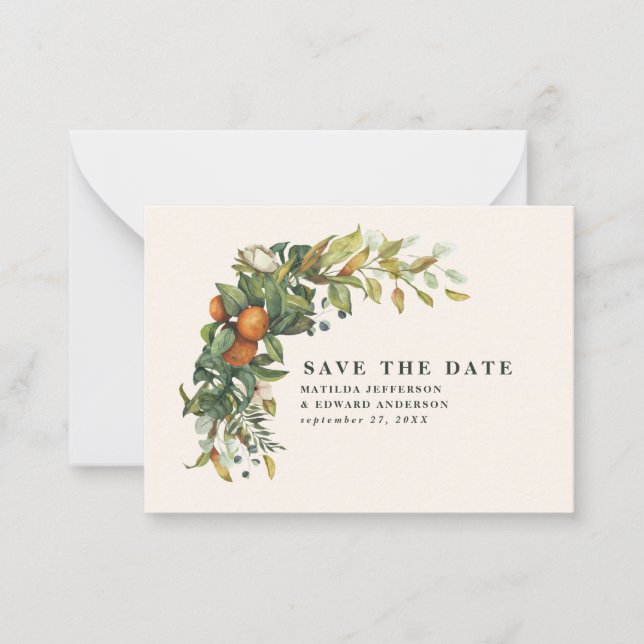 budget wedding citrus floral modern save the date card (Front)