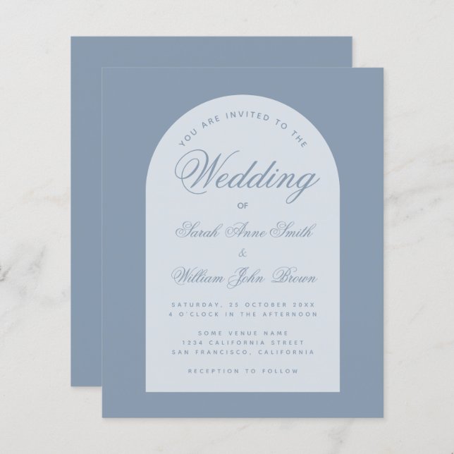 Budget Wedding Dusty Blue Arch Script Invitation  (Front/Back)