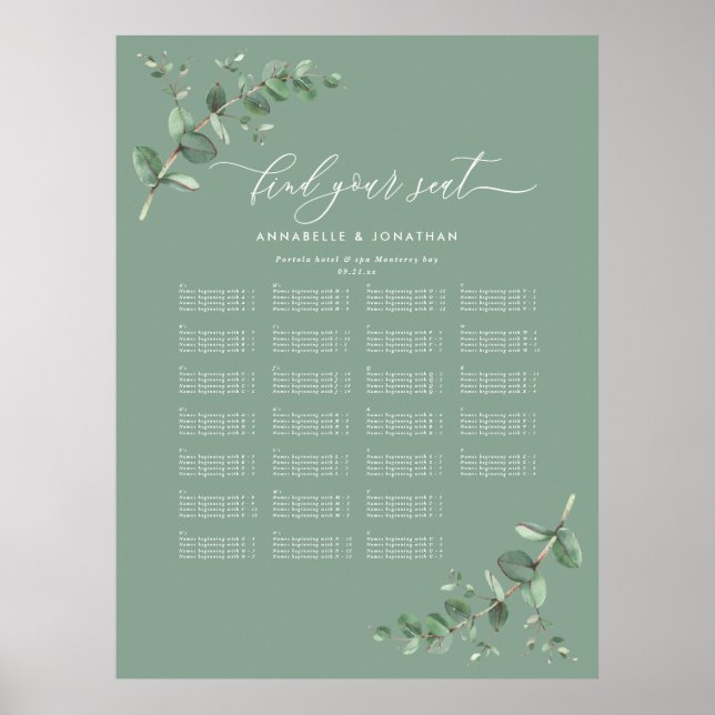 Budget Wedding Eucalyptus botanical find your seat Poster (Front)