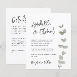 Budget Wedding eucalyptus details, invitation