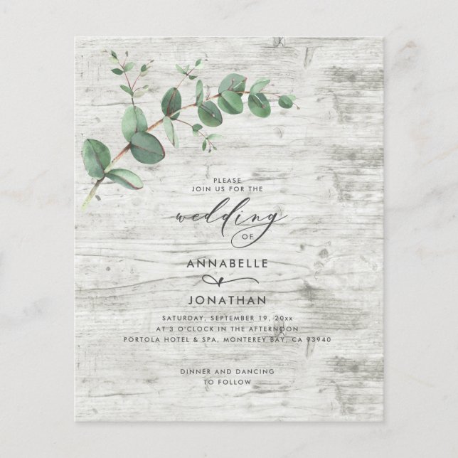 budget Wedding Eucalyptus white wood Invitation (Front)