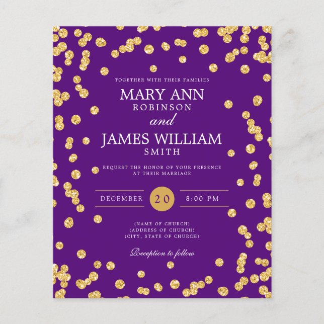 Budget Wedding Gold Glitter Confetti Purple Invite (Front)
