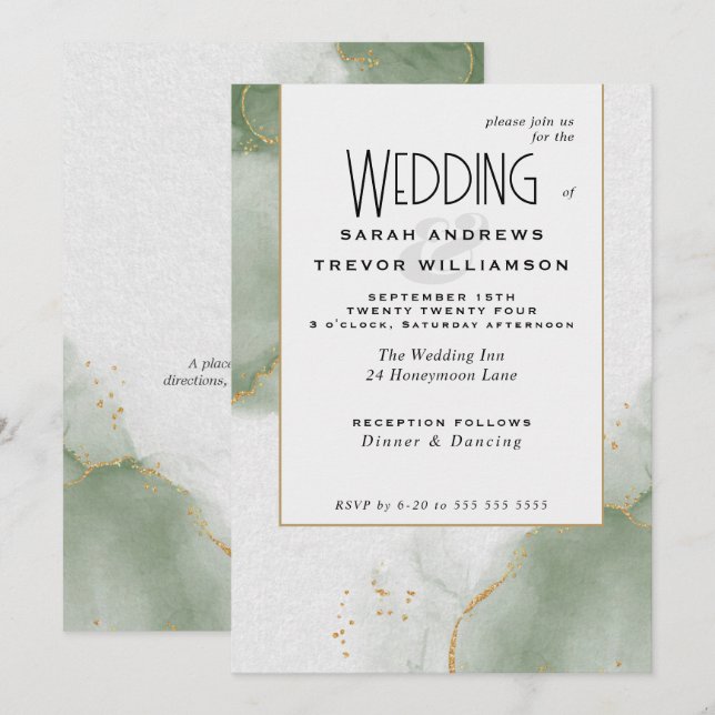 Budget Wedding Gold Muted Sage Green  Invitation (Front/Back)