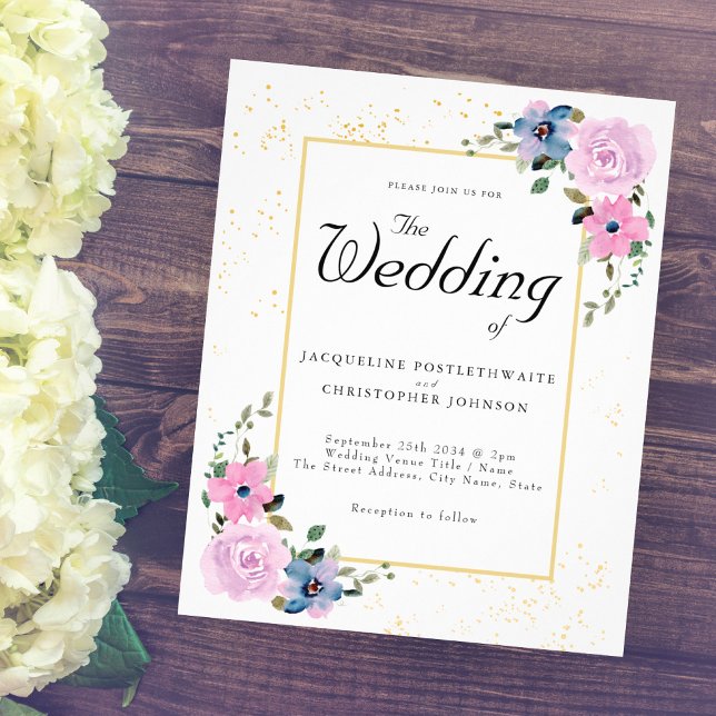 Budget Wedding Invitation Blue Pink Floral Flyer (Creator Uploaded)