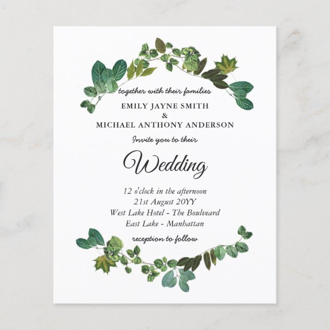 Budget Wedding Invitation Botanical Green Leaves (Front)