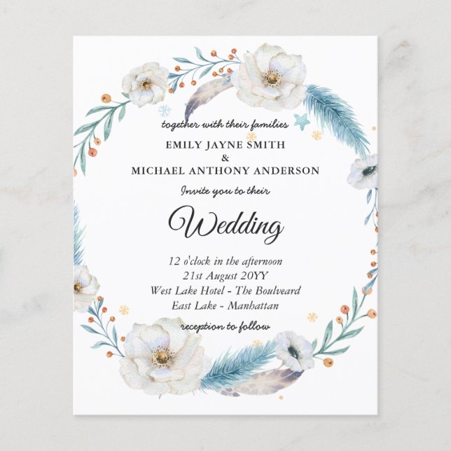 Budget Wedding Invitation Winter Blue Floral (Front)