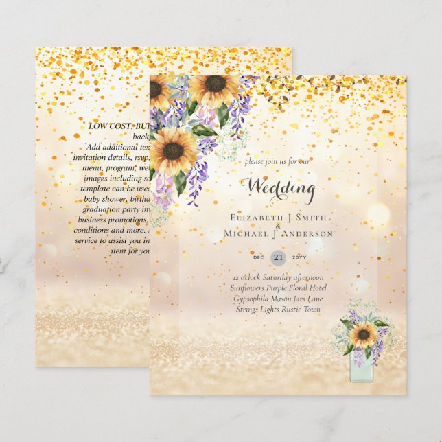 BUDGET WEDDING INVITATIONS - Rustic Sunflowers (Front/Back)