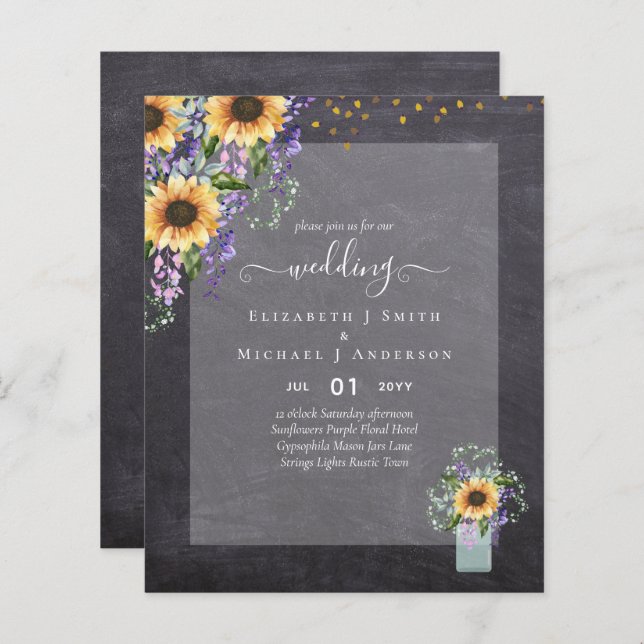 BUDGET WEDDING INVITATIONS Rustic Sunflowers CHIC (Front/Back)