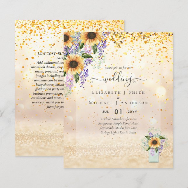 BUDGET WEDDING INVITATIONS Rustic Sunflowers CHIC (Front/Back)