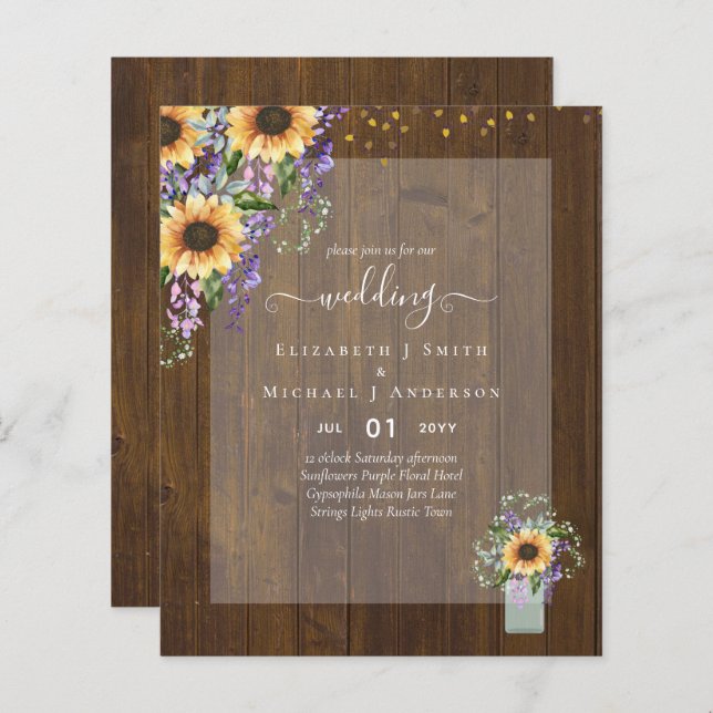 BUDGET WEDDING INVITATIONS Rustic Sunflowers CHIC (Front/Back)