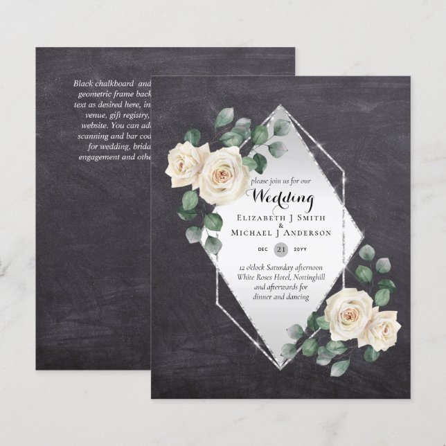 BUDGET WEDDING INVITATIONS - White Roses Silver (Front/Back)