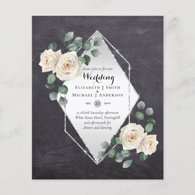 BUDGET WEDDING INVITATIONS - White Roses Silver Flyer (Front)