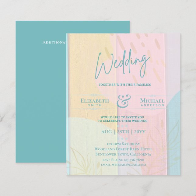 BUDGET Wedding Invite Teal Pink Gold Abstract (Front/Back)