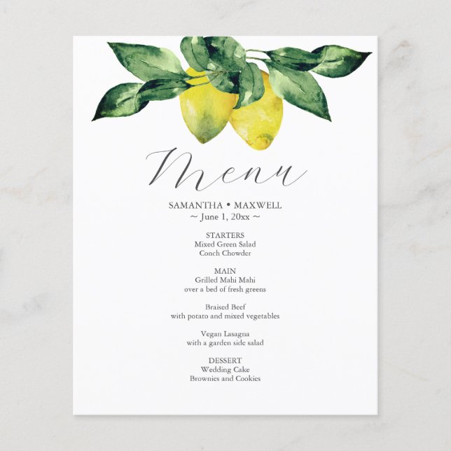 Budget Wedding Menu Lemon and Amalfi Tile (Front)