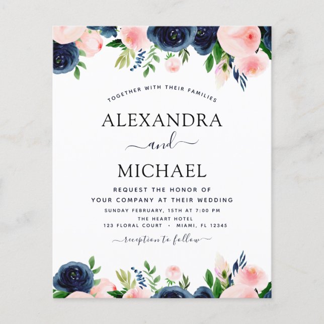 Budget Wedding Navy Blue Blush Pink Floral Flyer (Front)