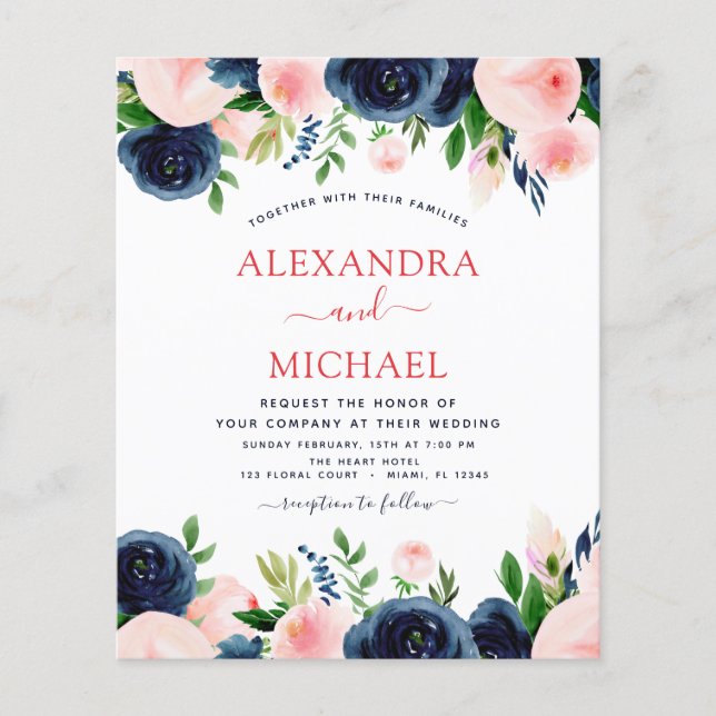 Budget Wedding Navy Blue Blush Pink Floral Flyer (Front)