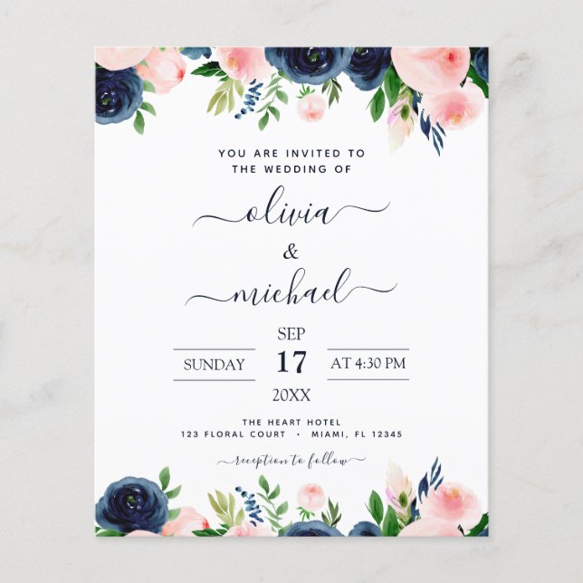 Budget Wedding Navy Blue Blush Pink Floral Flyer (Front)