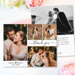 Budget Wedding Photo Collage Thank You Script Card<br><div class="desc">Budget, Elegant, Minimalist Hand Lettered Wedding 4 Photo Collage Thank You Card. Stylish wedding thank you card template featuring four photo on the front and one photo on the back. With the text "Thank you" in a swirly hand lettered typography script font with swash in black on white background. Personalize...</div>