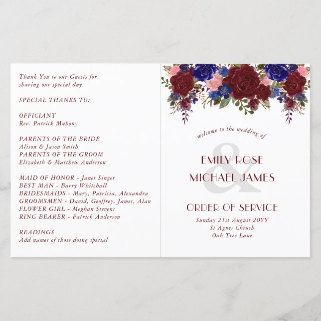 Budget Wedding Program Burgundy Blue Roses Flowers (Front)