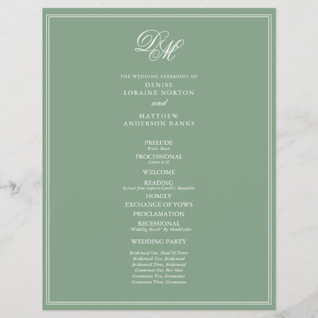 Budget Wedding Program in Basil Green (Front)