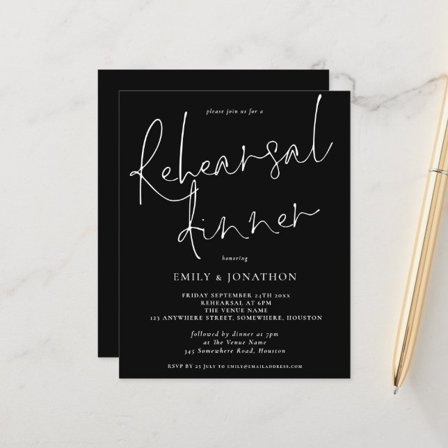 Budget Wedding Rehearsal Dinner Black White Invite (Front/Back In Situ)