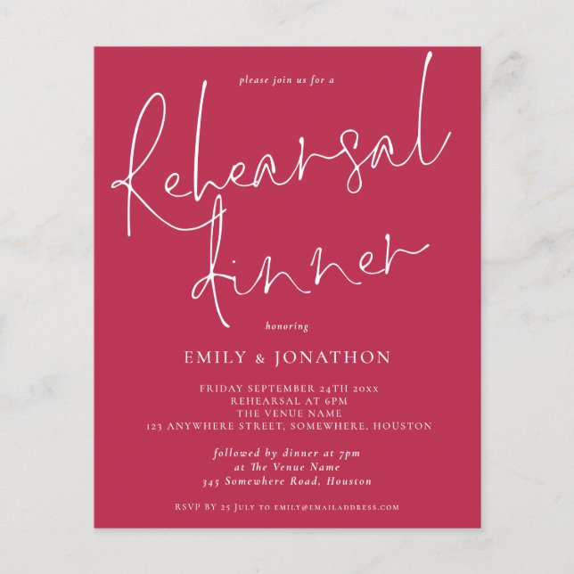 Budget Wedding Rehearsal Dinner Magenta Invite (Front)