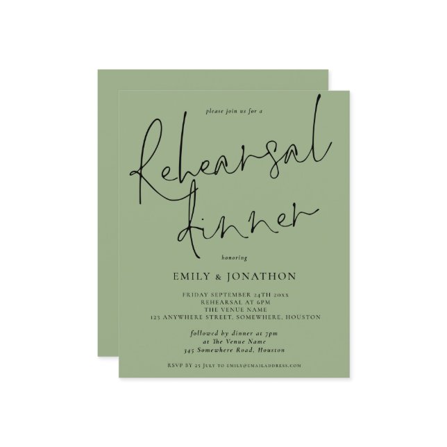 Budget Wedding Rehearsal Dinner Sage Green Invite (Front/Back In Situ)