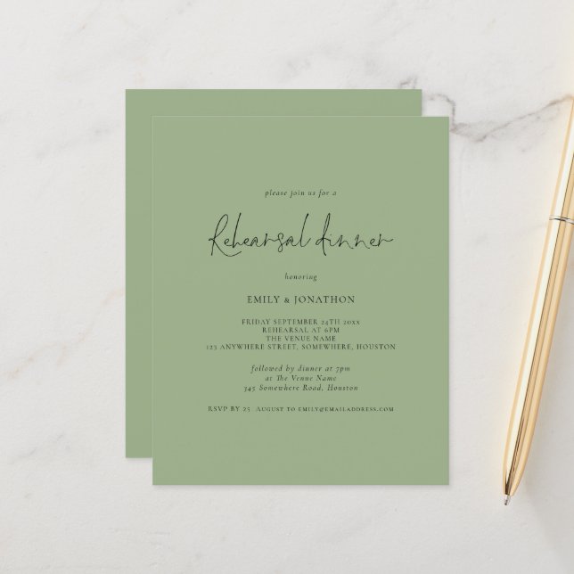 Budget Wedding Rehearsal Dinner Sage Green Invite (Front/Back In Situ)