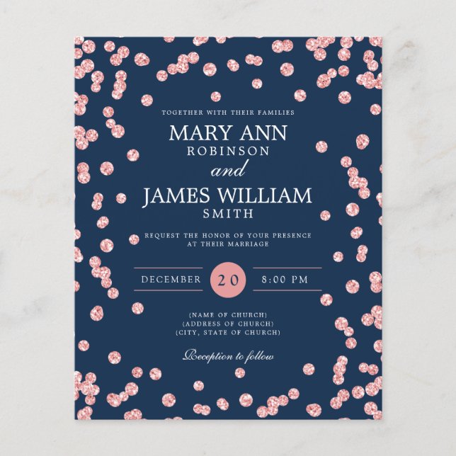 Budget Wedding Rose Gold Glitter Navy Invite (Front)