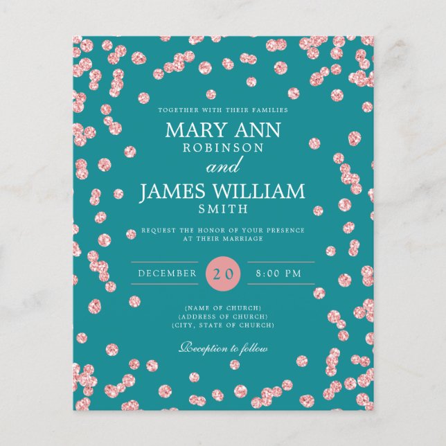 Budget Wedding Rose Gold Glitter Teal Invite (Front)