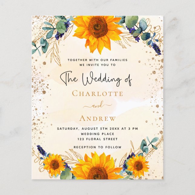 Budget wedding rustic sunflowers eucalyptus gold (Front)