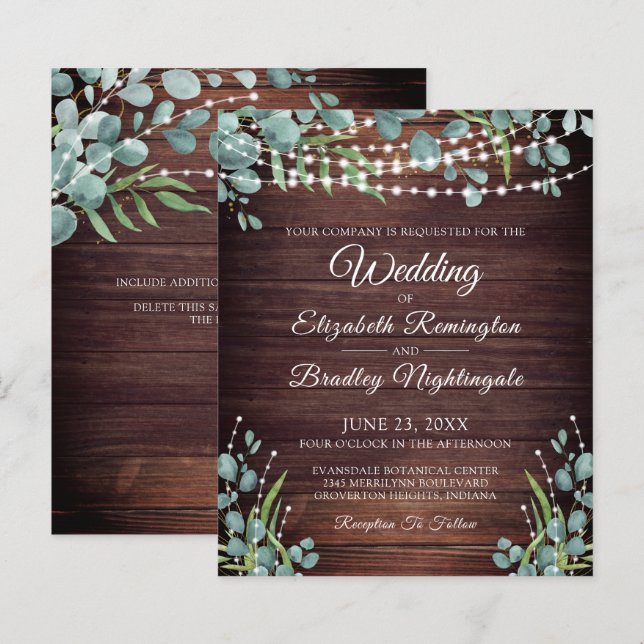 Budget Wedding Rustic Wood Lights Greenery Invite (Front/Back)