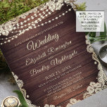 Budget Wedding Rustic Wood Lights Lace Invitation<br><div class="desc">Rustic wedding invitations printed on lightweight paper ideal for conservative budgets and hand-delivering to guests. Beautiful country wood with glowing string lights and accented with lace in an ivory cream colour. All text is editable to change the wording to fit your needs. Contact the designer via Zazzle Chat or makeitaboutyoustore@gmail.com...</div>