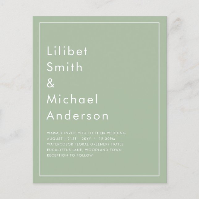 BUDGET Wedding Sage Apple Green Monochrome Text  Flyer (Front)