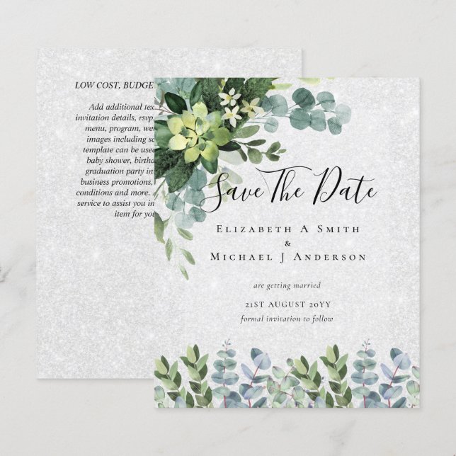 BUDGET WEDDING SAVE DATES - GREENERY Eucalyptus (Front/Back)