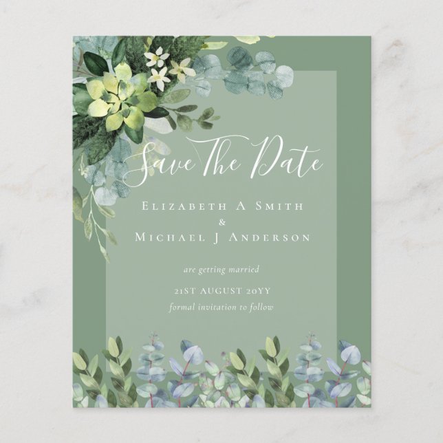 BUDGET WEDDING SAVE DATES - GREENERY Eucalyptus Flyer (Front)